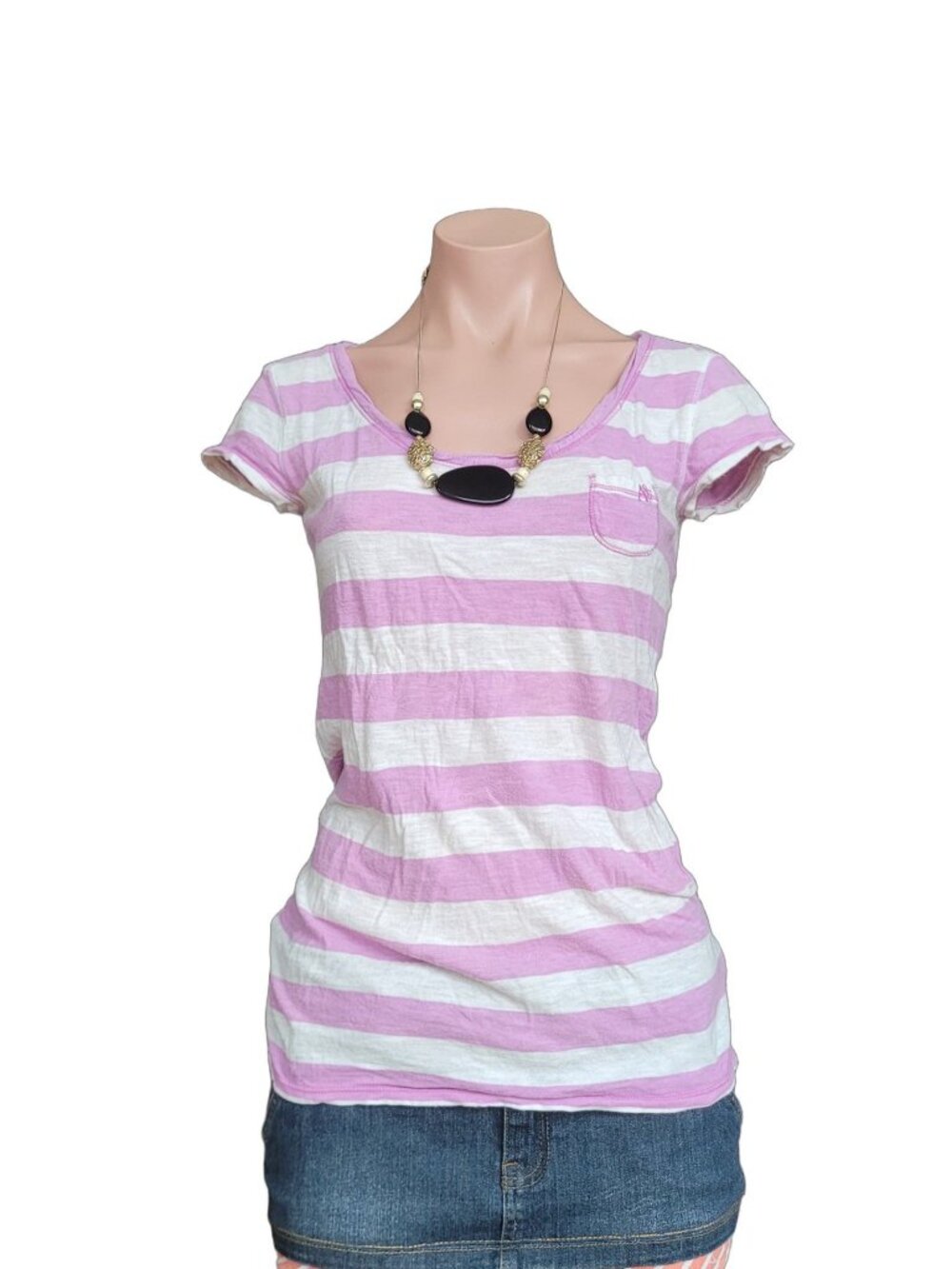 AEROPOSTALE Vintage 90s Pink Striped Slim Fit Pocket Embroidered Short Sleeve To